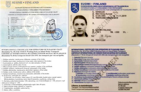 International Certificates for Operator of Pleasure Craft - Finland
