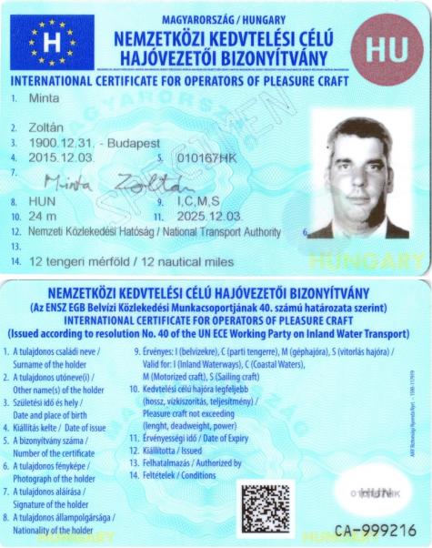 International Certificates for Operator of Pleasure Craft - Hungary