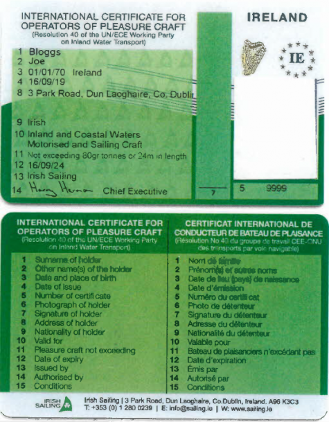 International Certificates for Operator of Pleasure Craft - Ireland