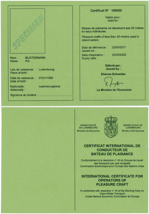 International Certificates for Operator of Pleasure Craft - Luxembourg
