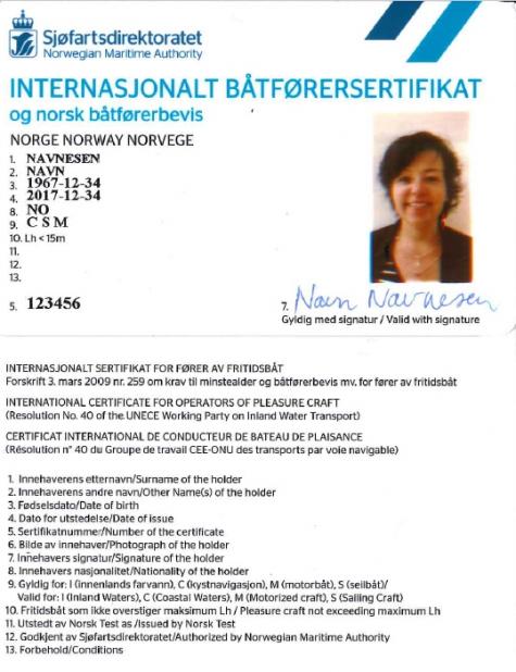 International Certificates for Operator of Pleasure Craft - Norway