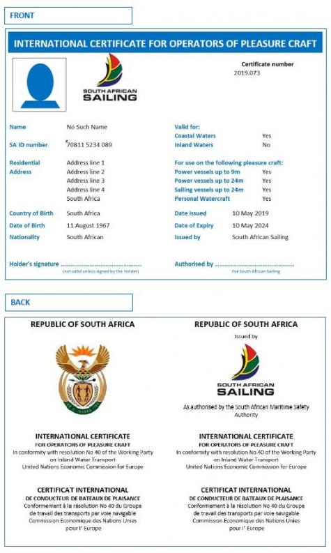 International Certificates for Operator of Pleasure Craft - South Africa