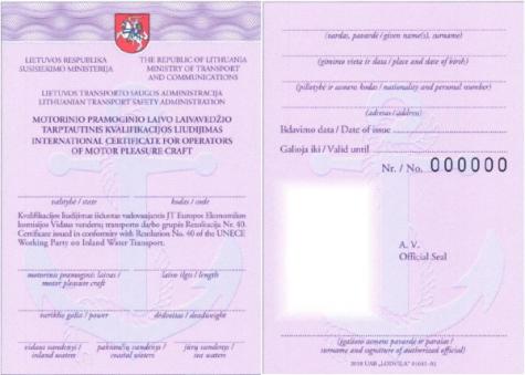 International Certificates for Operator of Pleasure Craft - Lithuania