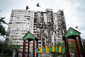 Damaged housing units in Kharkiv, Ukraine